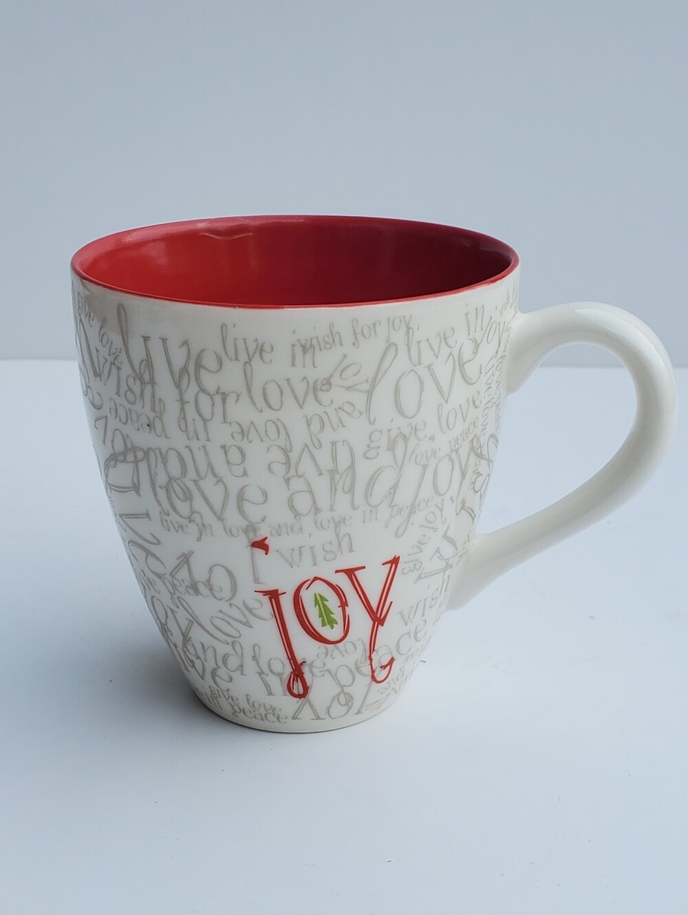 Starbucks 2005 Joy Holiday Mug Red White Grey Word Script Ceramic Coffee Cup